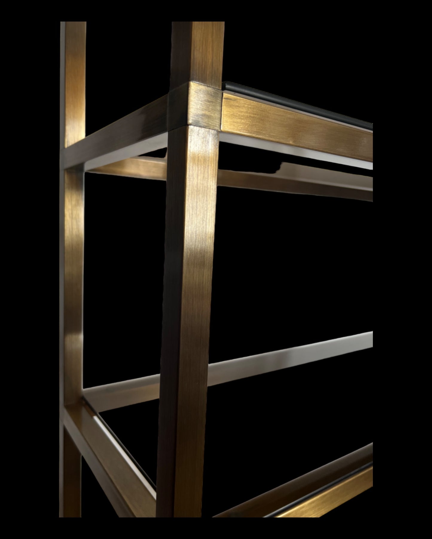 COOL POST MODERN BRONZE BRASS ETAGERE STORAGE SHELVING / TABLES with SMOKY TEMPERED GLASS SHELVES