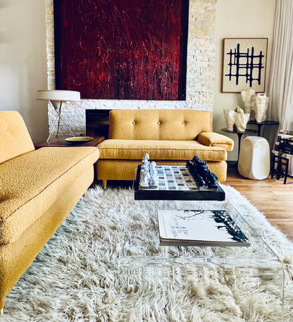 VINTAGE 1950s-60s SOFA COUCH & ARMCHAIR PROFESSIONALLY REUPHOLSTERED in DEEP GOLDEN MUSTARD BOUCLE
