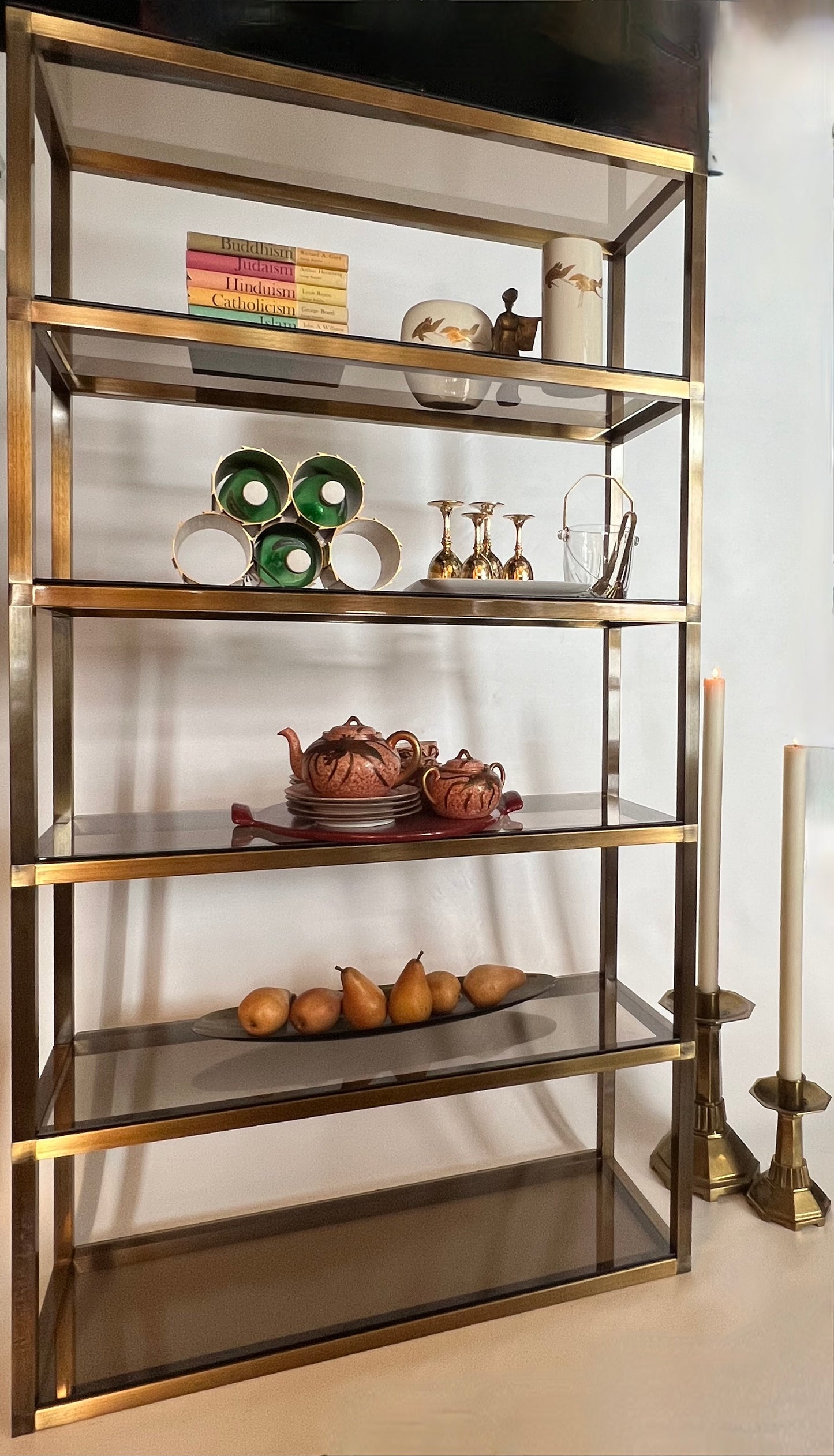 COOL POST MODERN BRONZE BRASS ETAGERE STORAGE SHELVING / TABLES with SMOKY TEMPERED GLASS SHELVES