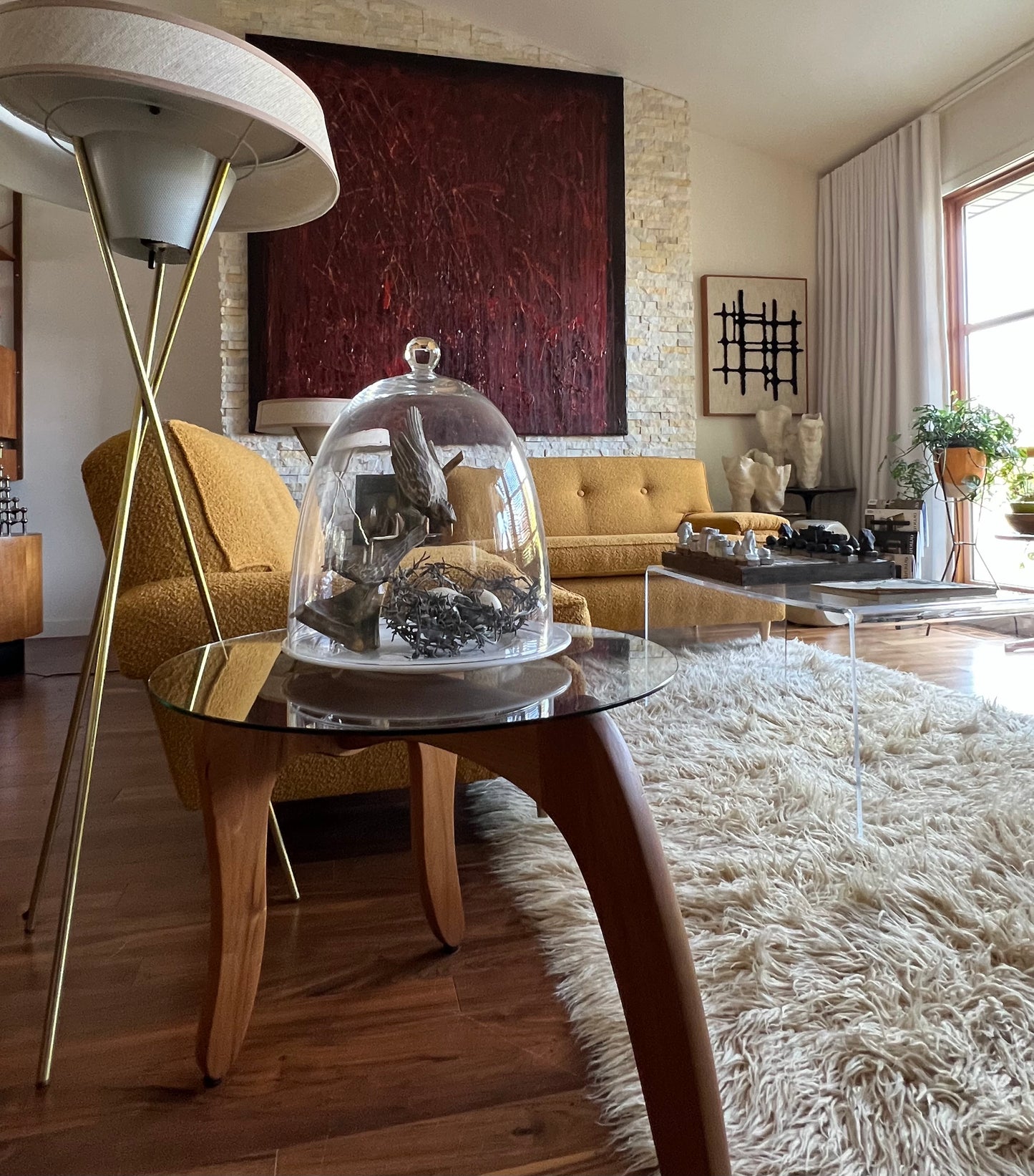 VINTAGE 1950s-60s SOFA COUCH & ARMCHAIR PROFESSIONALLY REUPHOLSTERED in DEEP GOLDEN MUSTARD BOUCLE
