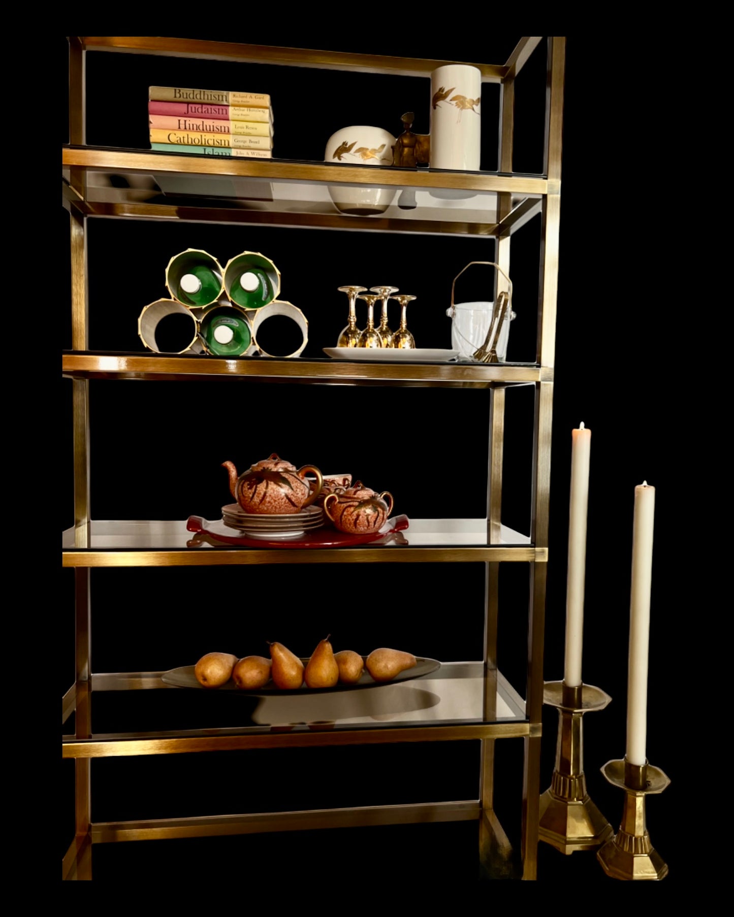 PAIR of HEAVY BRASS LITURGICAL CANDLESTICKS w/ SPECIALTY CANDLES