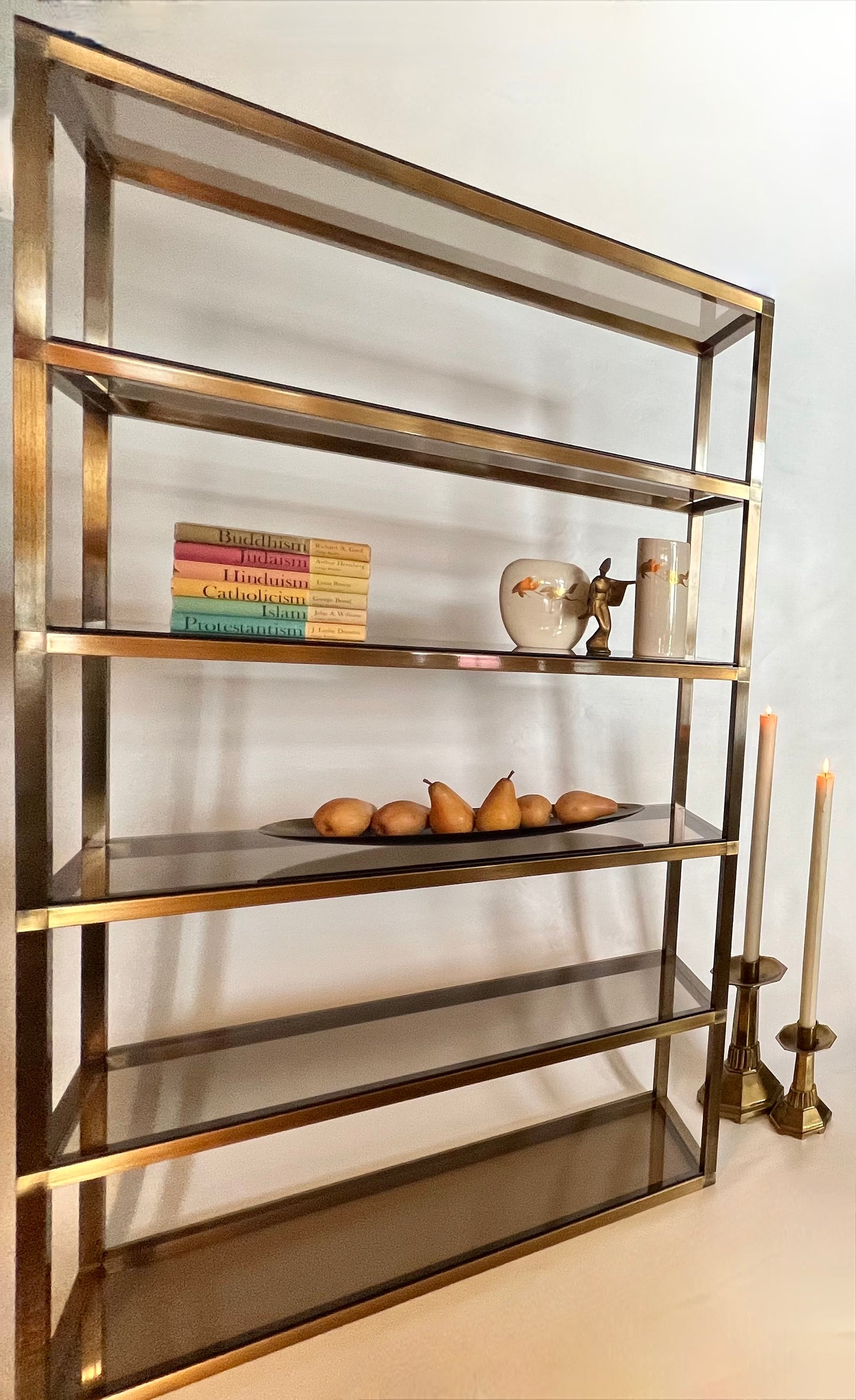 COOL POST MODERN BRONZE BRASS ETAGERE STORAGE SHELVING / TABLES with SMOKY TEMPERED GLASS SHELVES