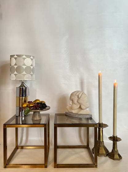 COOL POST MODERN BRONZE BRASS CUBE SIDE TABLE w/ SMOKY TEMPERED GLASS SHELVES