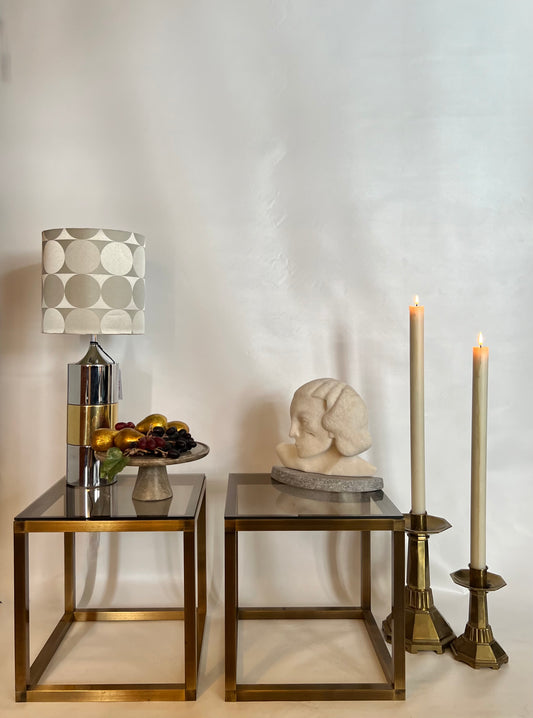 COOL POST MODERN BRONZE BRASS CUBE SIDE TABLE w/ SMOKY TEMPERED GLASS SHELVES