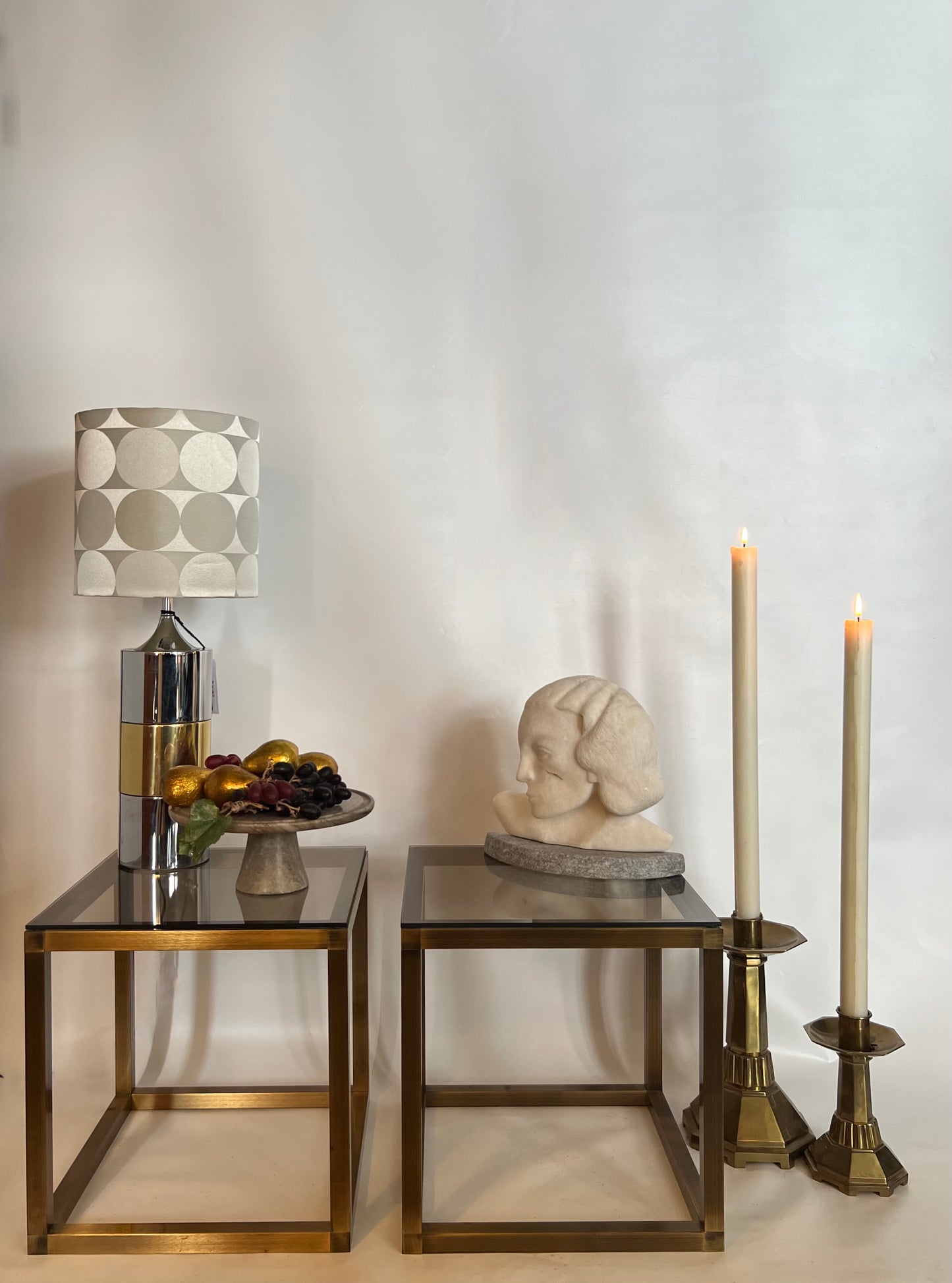 PAIR of HEAVY BRASS LITURGICAL CANDLESTICKS w/ SPECIALTY CANDLES