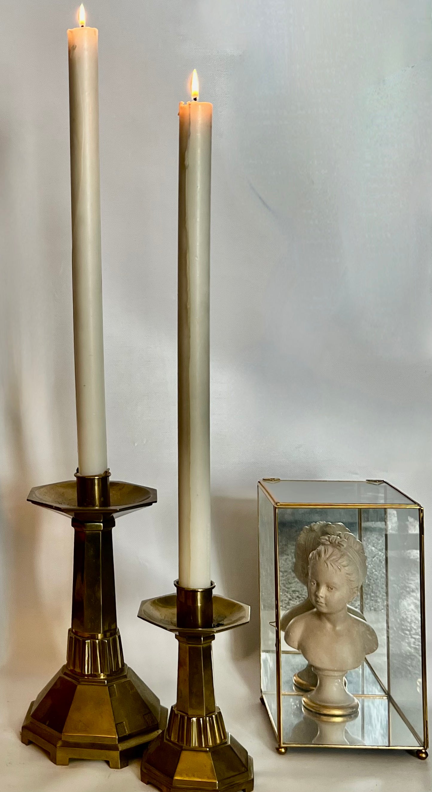 PAIR of HEAVY BRASS LITURGICAL CANDLESTICKS w/ SPECIALTY CANDLES