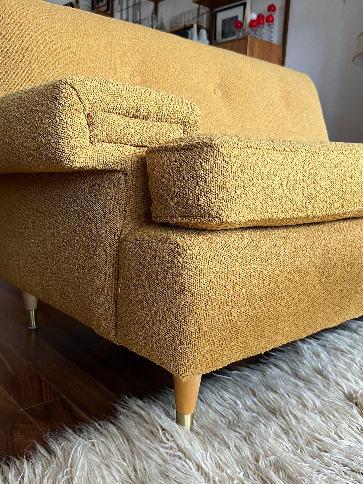VINTAGE 1950s-60s SOFA COUCH & ARMCHAIR PROFESSIONALLY REUPHOLSTERED in DEEP GOLDEN MUSTARD BOUCLE