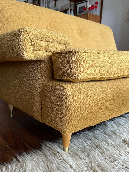 VINTAGE 1950s-60s SOFA COUCH & ARMCHAIR PROFESSIONALLY REUPHOLSTERED in DEEP GOLDEN MUSTARD BOUCLE