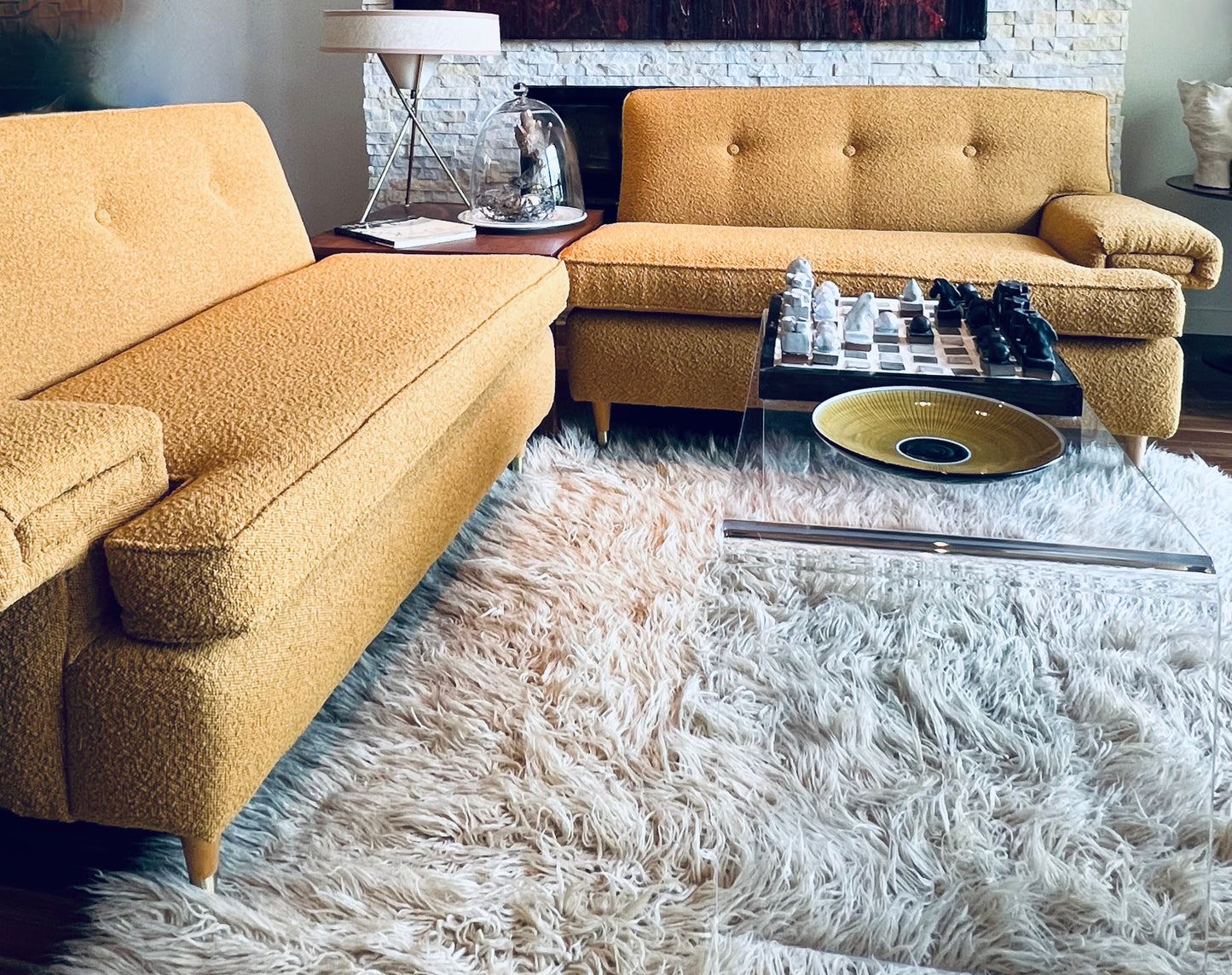 VINTAGE 1950s-60s SOFA COUCH & ARMCHAIR PROFESSIONALLY REUPHOLSTERED in DEEP GOLDEN MUSTARD BOUCLE