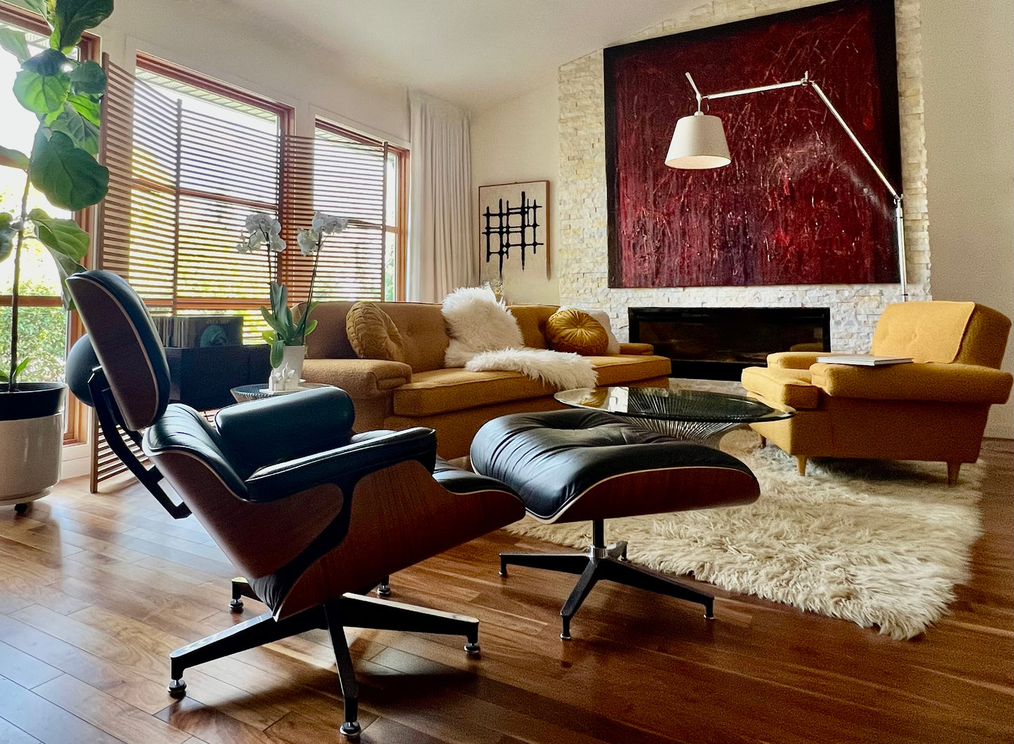 VINTAGE 1950s-60s SOFA COUCH & ARMCHAIR PROFESSIONALLY REUPHOLSTERED in DEEP GOLDEN MUSTARD BOUCLE