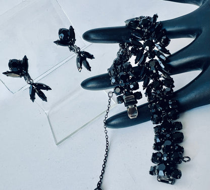 FROM THE AMAZING 'JEWELS of ELEGANCE' by CANADIAN JEWELER GUSTAV SHERMAN BLACK CRYSTAL w/ GUNMETAL FINISH BRACELET & EARRINGS