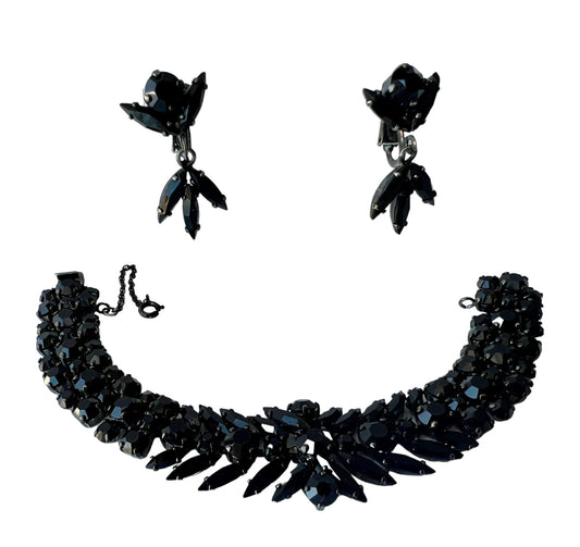 FROM THE AMAZING 'JEWELS of ELEGANCE' by CANADIAN JEWELER GUSTAV SHERMAN BLACK CRYSTAL w/ GUNMETAL FINISH BRACELET & EARRINGS