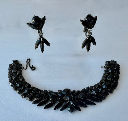 FROM THE AMAZING 'JEWELS of ELEGANCE' by CANADIAN JEWELER GUSTAV SHERMAN BLACK CRYSTAL w/ GUNMETAL FINISH BRACELET & EARRINGS