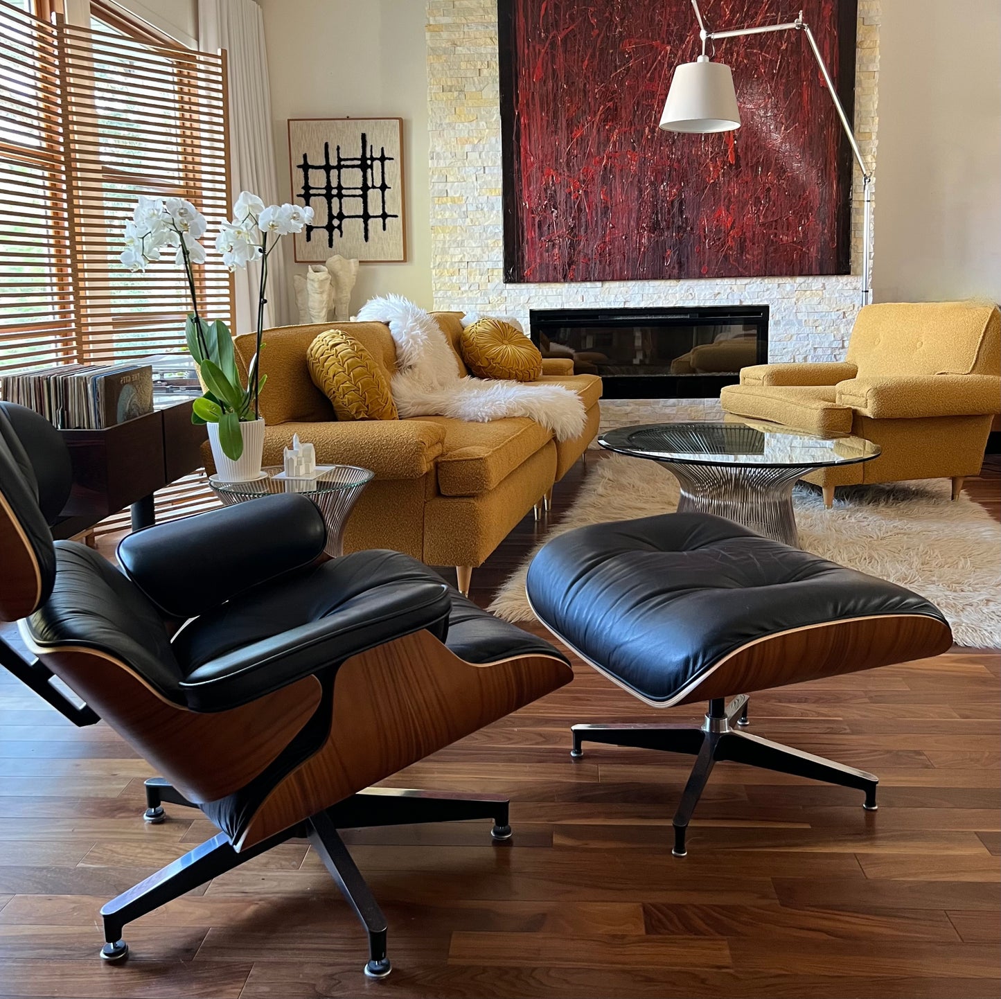 VINTAGE 1950s-60s SOFA COUCH & ARMCHAIR PROFESSIONALLY REUPHOLSTERED in DEEP GOLDEN MUSTARD BOUCLE
