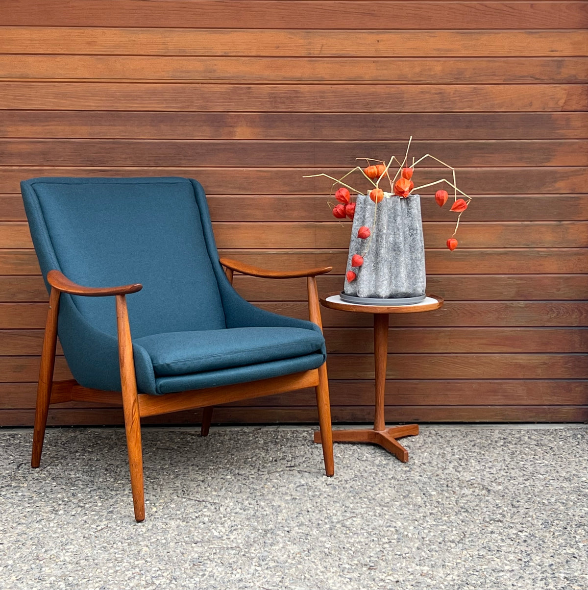 GORGEOUS SOLID TEAK WOOD FRAME WRAP SIDE REUPHOLSTERED IN JADE WOOL MID CENTIUY MODERN LOUNGE CHAIR