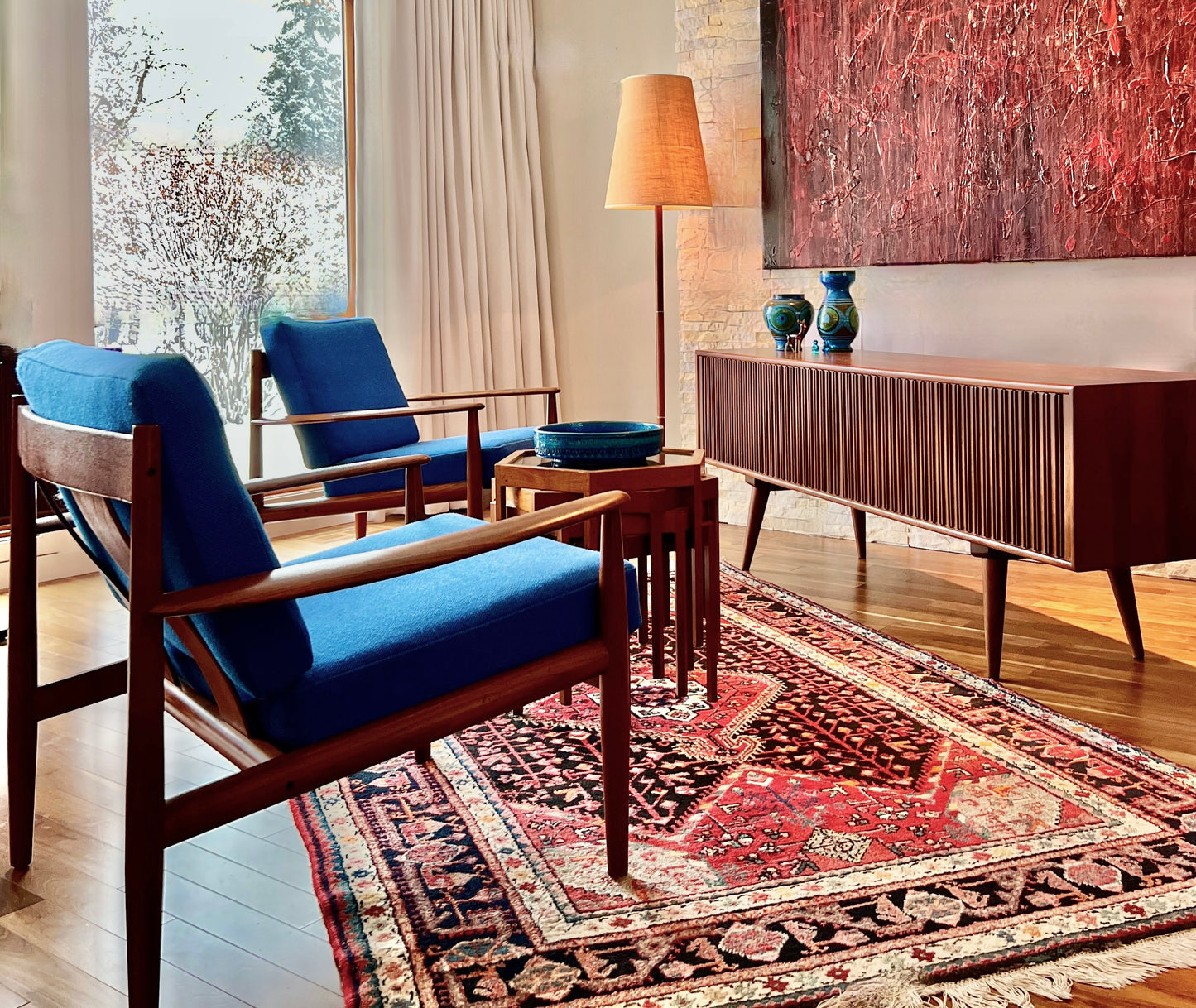 RARE PAIR SOLID TEAK GRETE JALK FOR FRANCE AND SON MODEL 119 PROFESSIONALLY REUPHOLSTERED IN MAHARAM