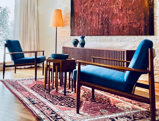 RARE PAIR SOLID TEAK GRETE JALK FOR FRANCE AND SON MODEL 119 PROFESSIONALLY REUPHOLSTERED IN MAHARAM