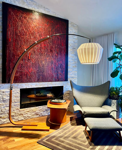 MASSIVE MID CENTURY GALAXI CANADA BENTWOOD TEAK EXTENDABLE ARC FLOOR LAMP w/ CONTEMPORARY SHADE NEW WIRING