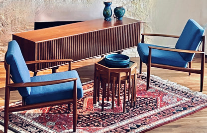 RARE PAIR SOLID TEAK GRETE JALK FOR FRANCE AND SON MODEL 119 PROFESSIONALLY REUPHOLSTERED IN MAHARAM