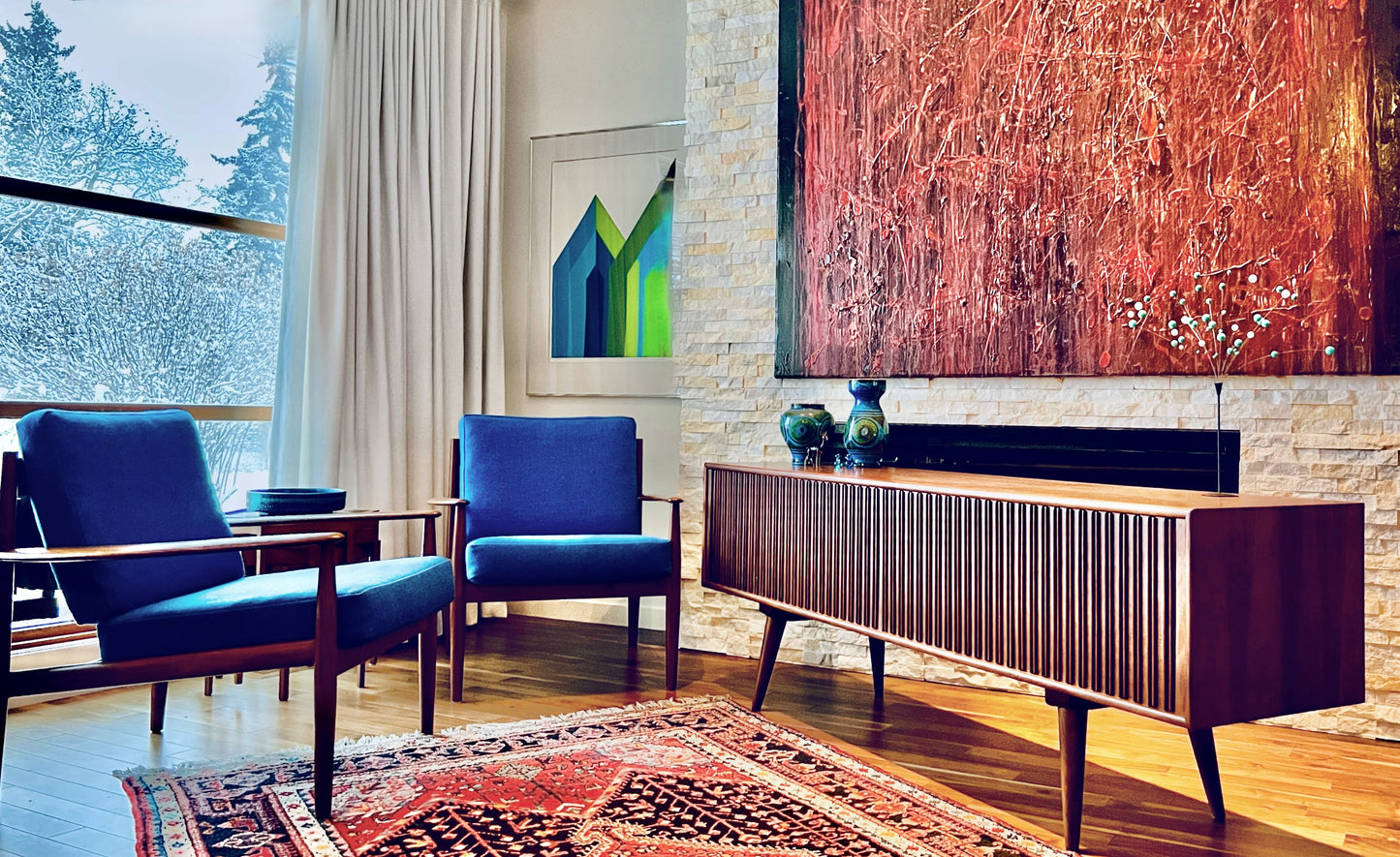 RARE PAIR SOLID TEAK GRETE JALK FOR FRANCE AND SON MODEL 119 PROFESSIONALLY REUPHOLSTERED IN MAHARAM