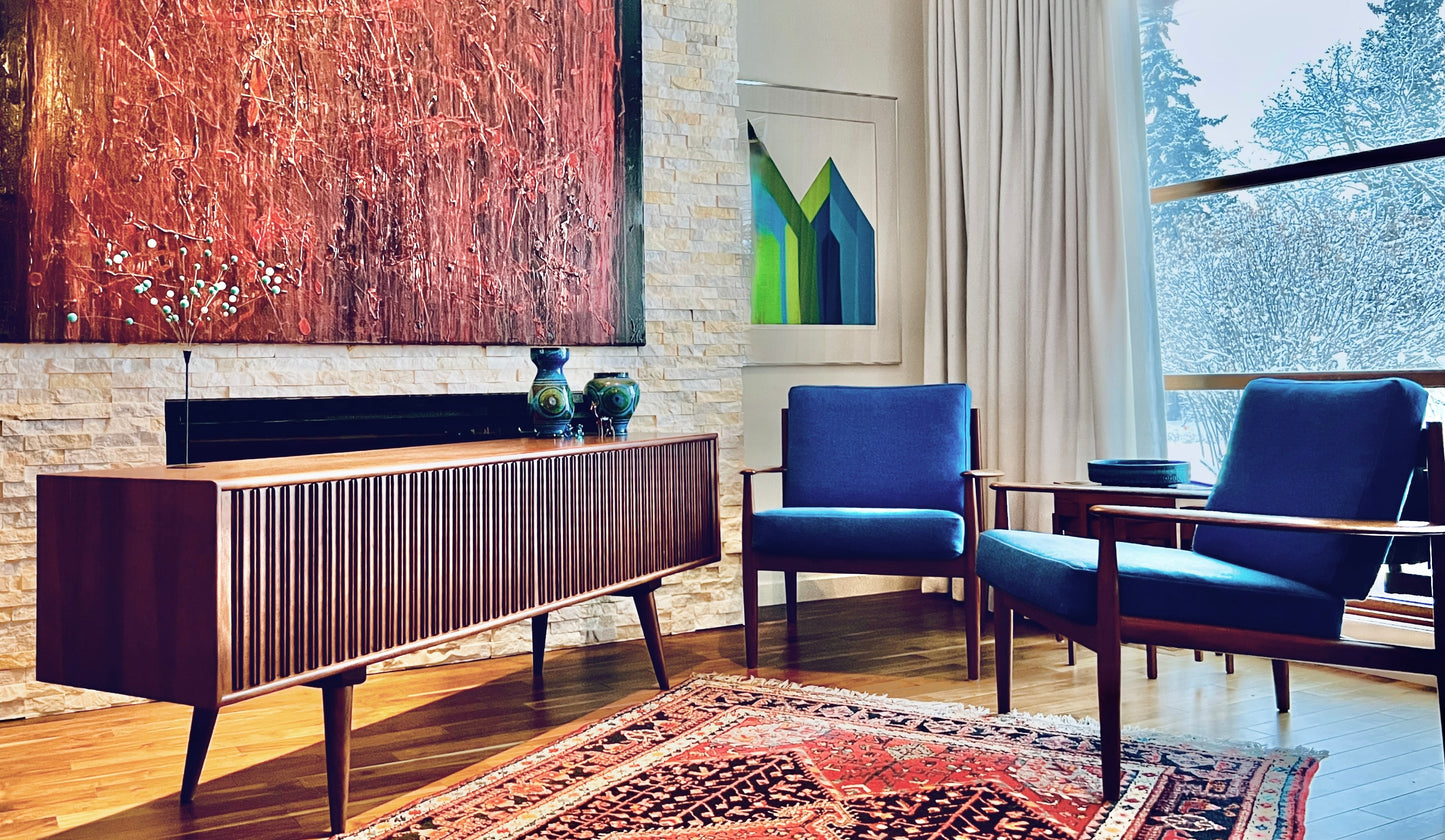 RARE PAIR SOLID TEAK GRETE JALK FOR FRANCE AND SON MODEL 119 PROFESSIONALLY REUPHOLSTERED IN MAHARAM