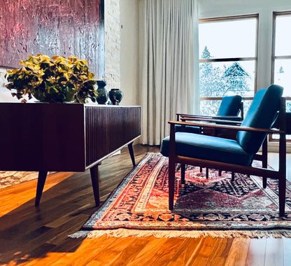 RARE PAIR SOLID TEAK GRETE JALK FOR FRANCE AND SON MODEL 119 PROFESSIONALLY REUPHOLSTERED IN MAHARAM