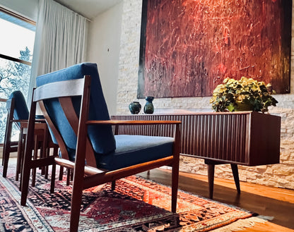 RARE PAIR SOLID TEAK GRETE JALK FOR FRANCE AND SON MODEL 119 PROFESSIONALLY REUPHOLSTERED IN MAHARAM
