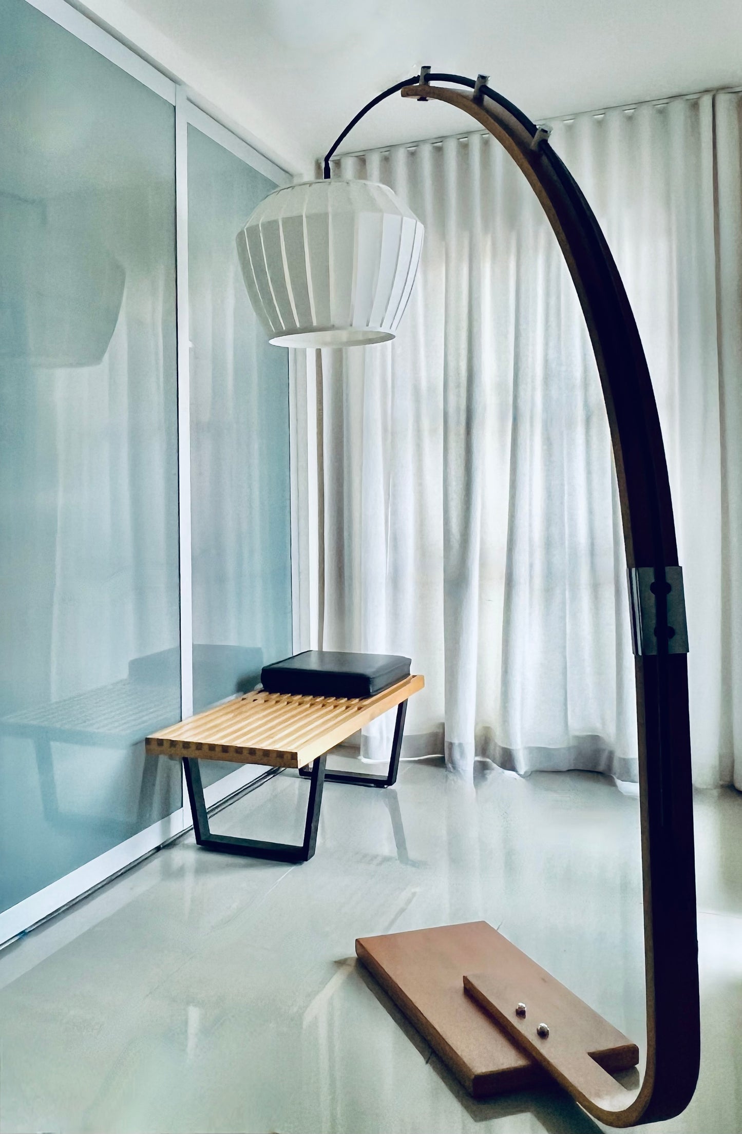 MASSIVE MID CENTURY GALAXI CANADA BENTWOOD TEAK EXTENDABLE ARC FLOOR LAMP w/ CONTEMPORARY SHADE NEW WIRING