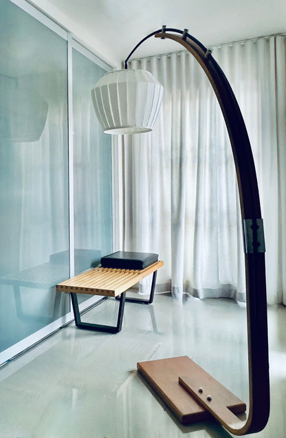 MASSIVE MID CENTURY GALAXI CANADA BENTWOOD TEAK EXTENDABLE ARC FLOOR LAMP w/ CONTEMPORARY SHADE NEW WIRING