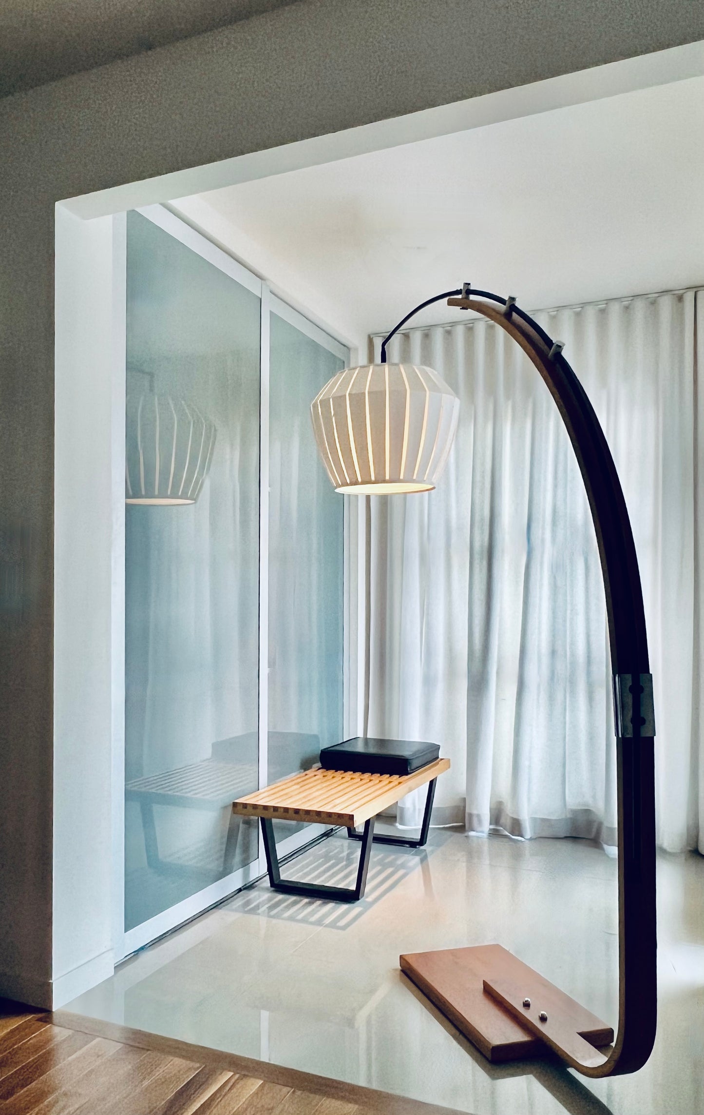 MASSIVE MID CENTURY GALAXI CANADA BENTWOOD TEAK EXTENDABLE ARC FLOOR LAMP w/ CONTEMPORARY SHADE NEW WIRING