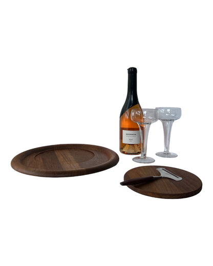 VINTAGE ORREFORS SWEDEN TEAK ROUND TRAY WITH REMOVEABLE CHEESE PLATE SERVERWARE TABLEWARE