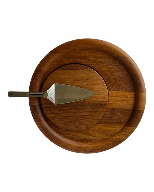 VINTAGE ORREFORS SWEDEN TEAK ROUND TRAY WITH REMOVEABLE CHEESE PLATE SERVERWARE TABLEWARE