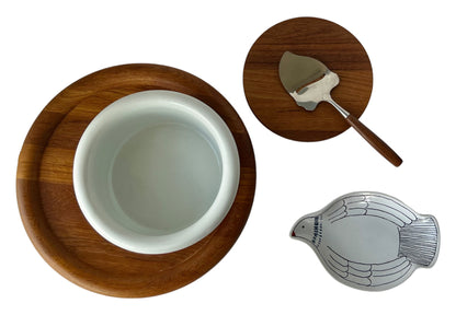 VINTAGE ORREFORS SWEDEN TEAK ROUND TRAY WITH REMOVEABLE CHEESE PLATE SERVERWARE TABLEWARE