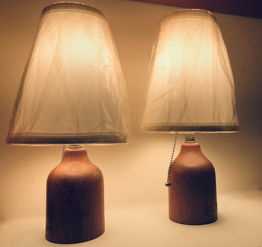 PAIR SMALL SOLID TEAK TABLE LAMPS w/ NEW LINEN SHADES