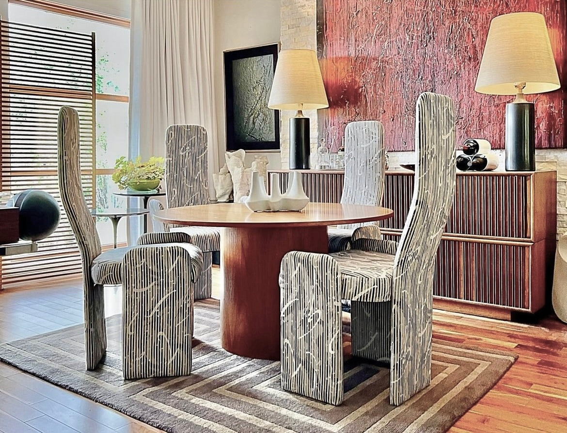 MODERNIST STYLE 'MEMPHIS' POST MODERN ERA SET OF 4 TALL BACK UPHOLSTERED DINING CHAIR