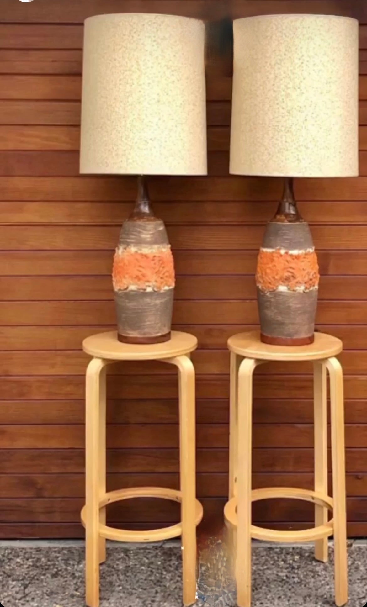 TABLE LAMP PAIR BROWN & ORANGE w/ORIGINAL SHADE
