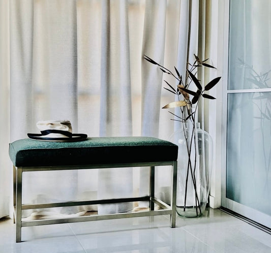 CONTEMPORARY REUPHOLSTERED METAL BASE BENCH W/ WOOL REUPHOLSTERED CUSHION