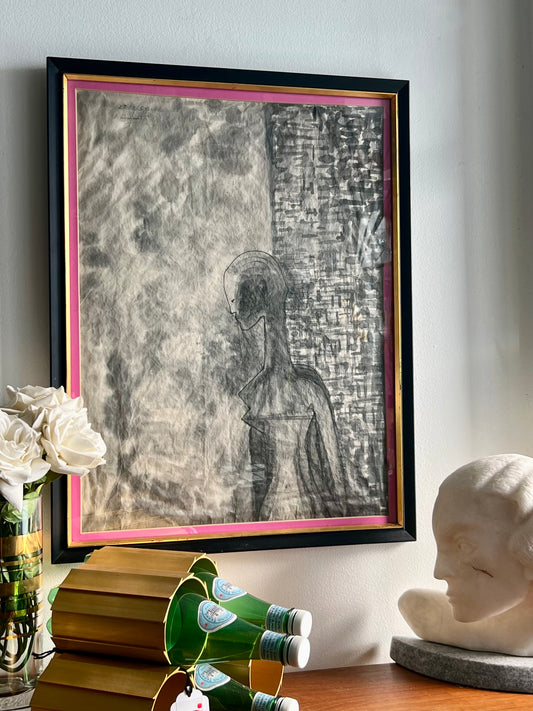SIGNED & FRAMED 'UNTITLED-WOMAN IN GREY' INK ON PAPER