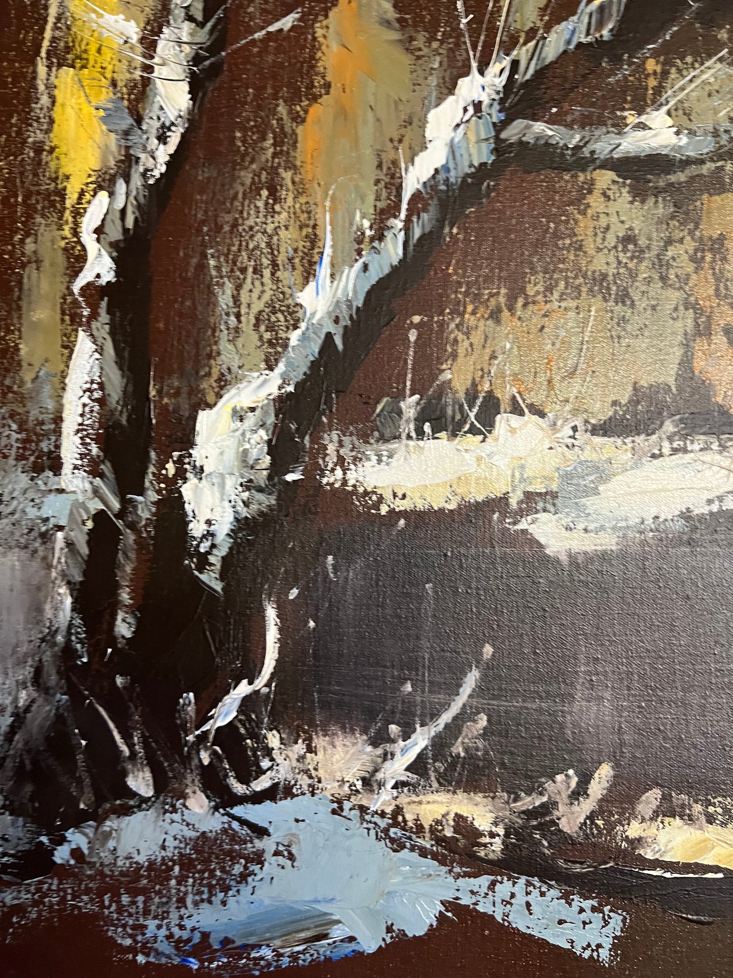 HUGE MID CENTURY GOLDEN SNOWSCAPE ON THE WATER PAINTING