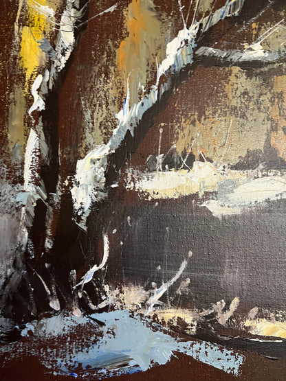 HUGE MID CENTURY GOLDEN SNOWSCAPE ON THE WATER PAINTING