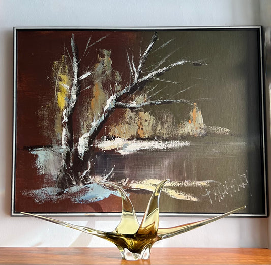 HUGE MID CENTURY GOLDEN SNOWSCAPE ON THE WATER PAINTING