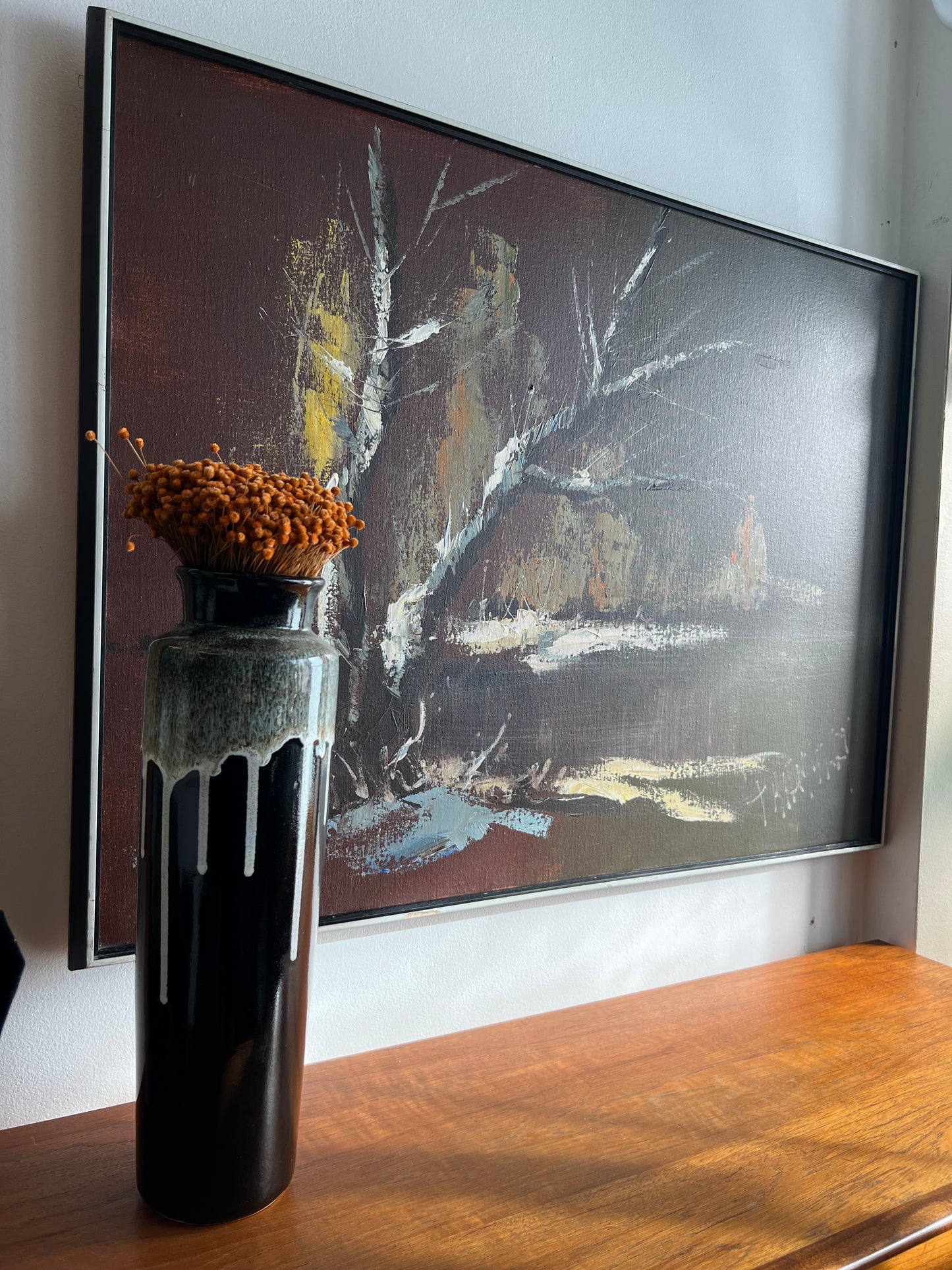 HUGE MID CENTURY GOLDEN SNOWSCAPE ON THE WATER PAINTING