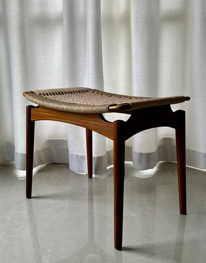 SIGFRED OMANN for OLHOLM, DENMARK FLOATING TOP DANISH CANE WOVEN TOP STOOL WOODEN FOOTSTOOL SEAT