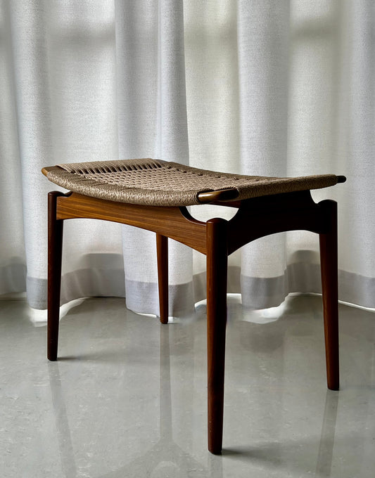 SIGFRED OMANN for OLHOLM, DENMARK FLOATING TOP DANISH CANE WOVEN TOP STOOL WOODEN FOOTSTOOL SEAT