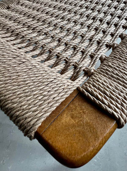 SIGFRED OMANN for OLHOLM, DENMARK FLOATING TOP DANISH CANE WOVEN TOP STOOL WOODEN FOOTSTOOL SEAT