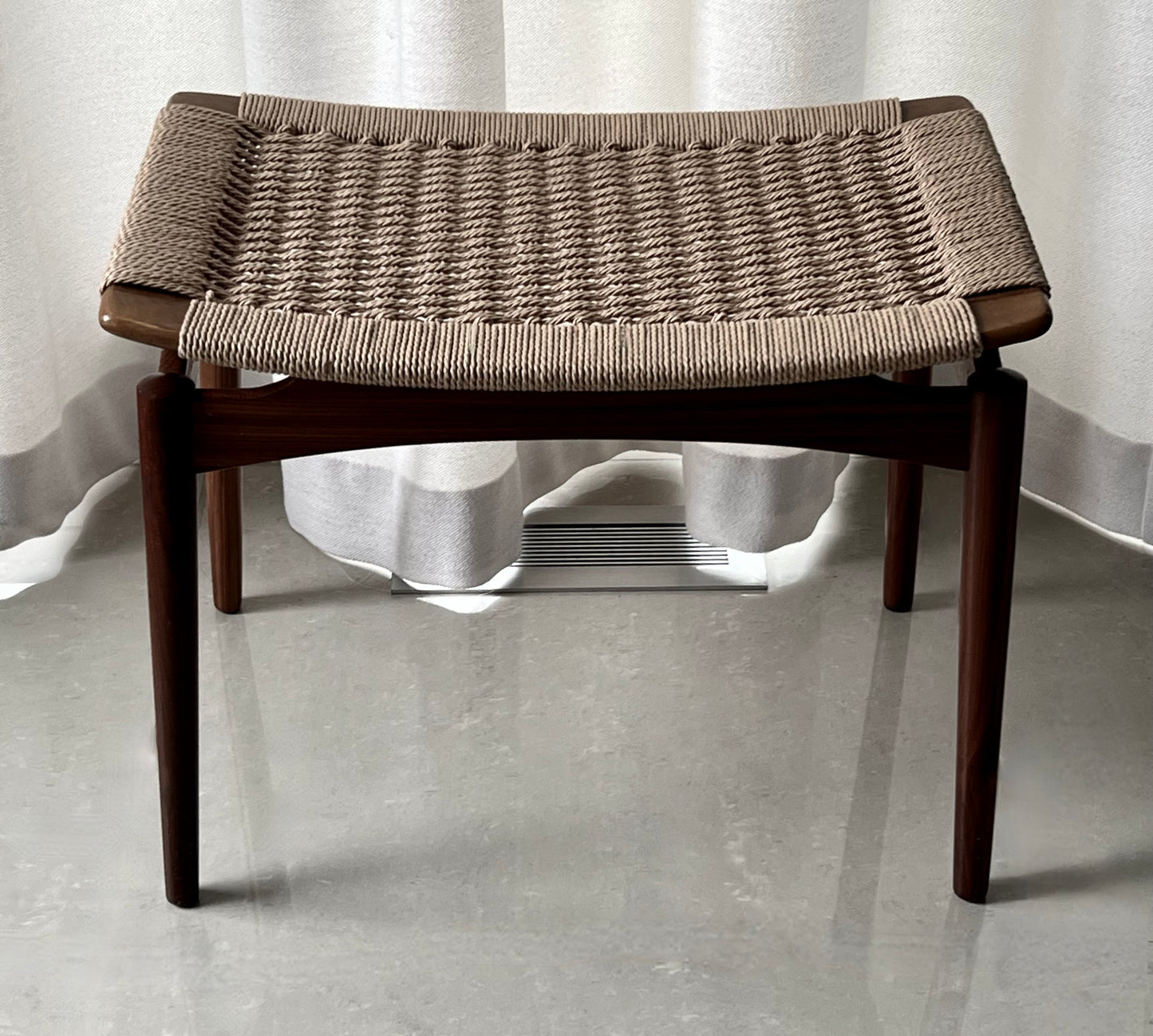 SIGFRED OMANN for OLHOLM, DENMARK FLOATING TOP DANISH CANE WOVEN TOP STOOL WOODEN FOOTSTOOL SEAT