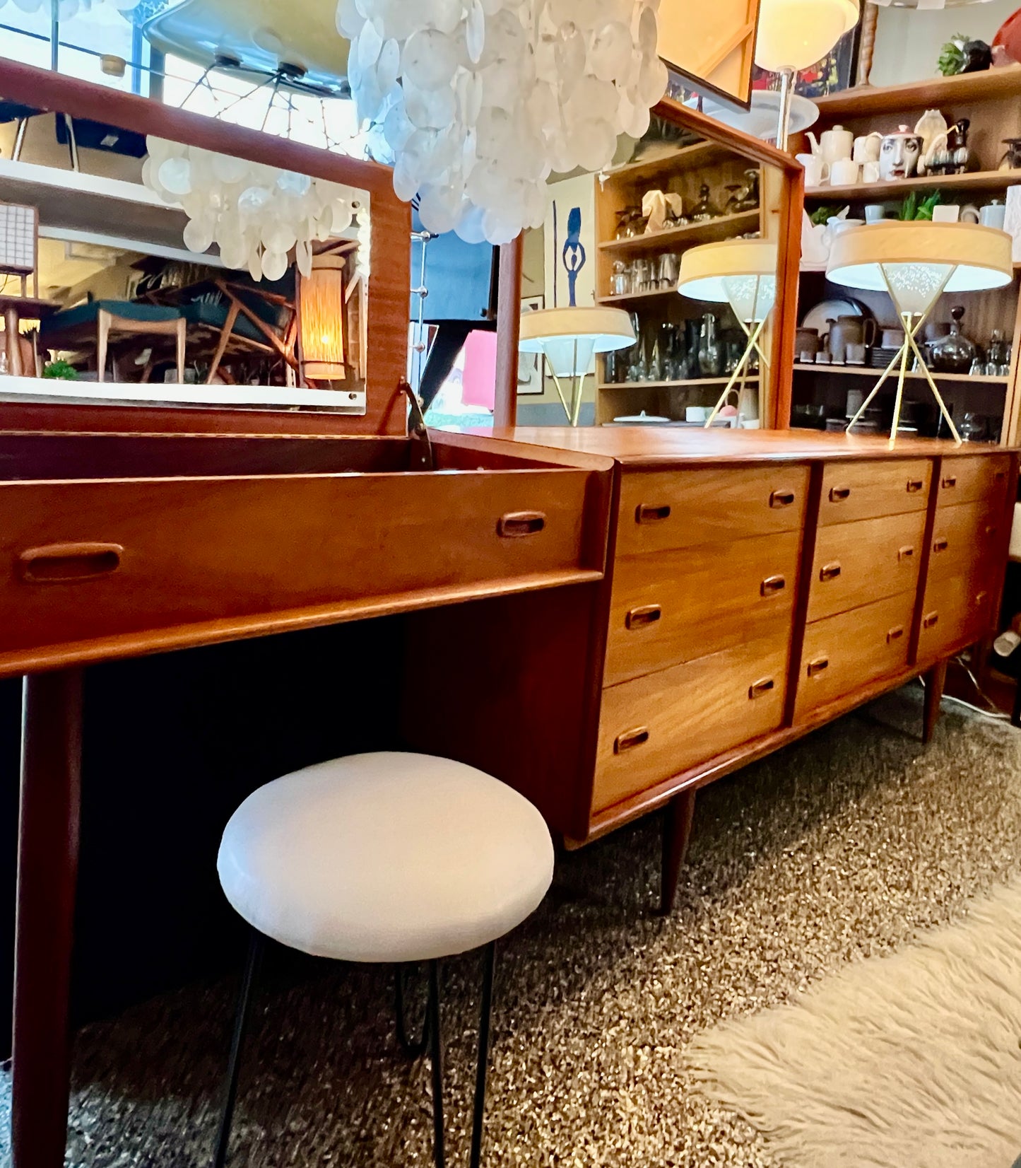 GORGEOUS 9 DRAWER TEAK DRESSER w/ CARVED PEGGED LEGS