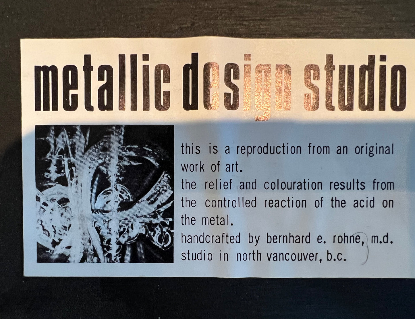 STATEMENT PIECE- UNIQUE ACID ETCHED & OXIDIZED METAL FRAMED MCM WALL ART by BERNHARD ROHNE VANCOUVER CANADA