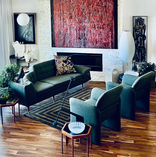 PROFESSIONALLY REUPHOLSTERED COUCH 1940s-1950s MID CENTURY UNIQUE BUILT-IN BARTOP OR LAMP TABLE SOFA