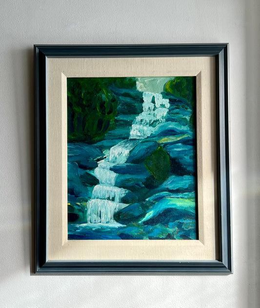 STUNNING COLORS FOREST WATERFALL LANDSCAPE PAINTING FRAMED by K.MASUDA